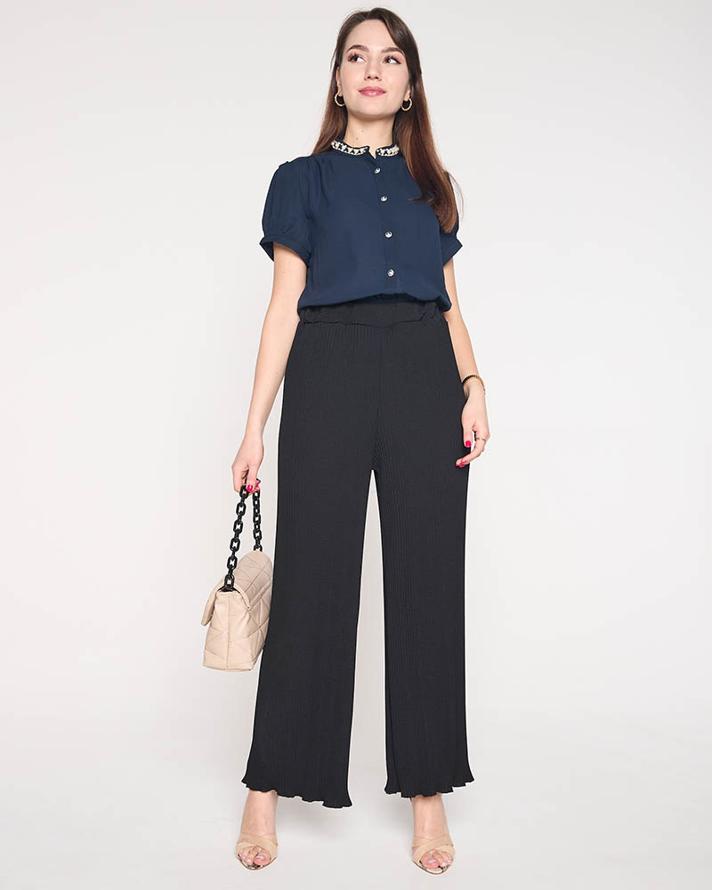 Ladies' black ribbed wide palazzo pants - Clothing