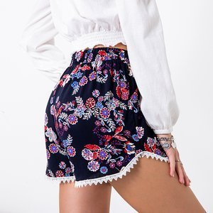 Navy blue women's short shorts with red flowers - Clothing