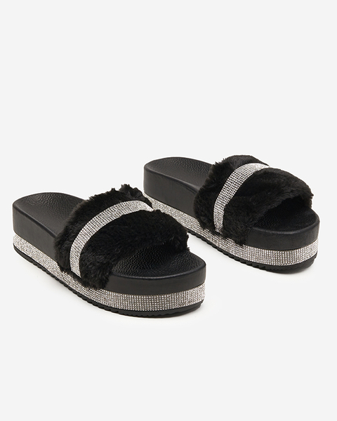 OUTLET Black women's slippers with fur and cubic zirconia Zerika - Footwear