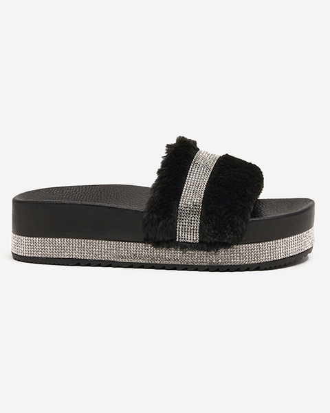 OUTLET Black women's slippers with fur and cubic zirconia Zerika - Footwear