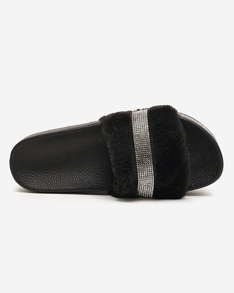 OUTLET Black women's slippers with fur and cubic zirconia Zerika - Footwear