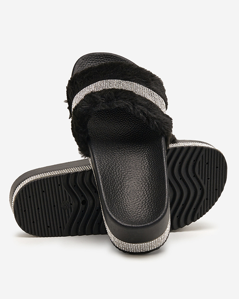 OUTLET Black women's slippers with fur and cubic zirconia Zerika - Footwear