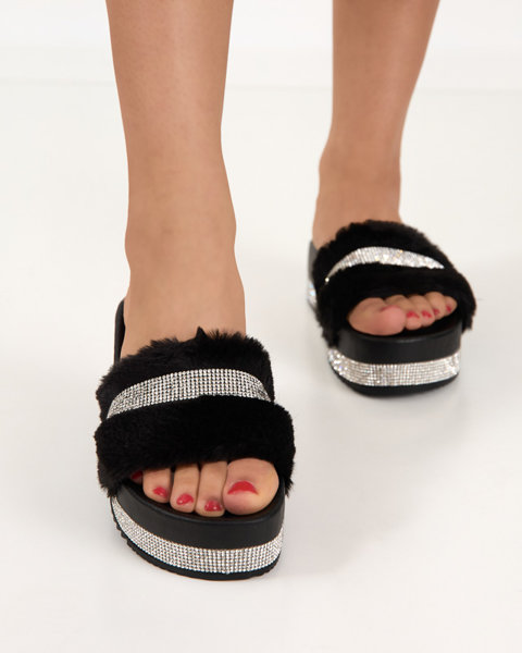 OUTLET Black women's slippers with fur and cubic zirconia Zerika - Footwear