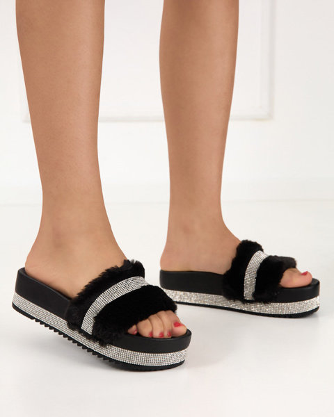 OUTLET Black women's slippers with fur and cubic zirconia Zerika - Footwear