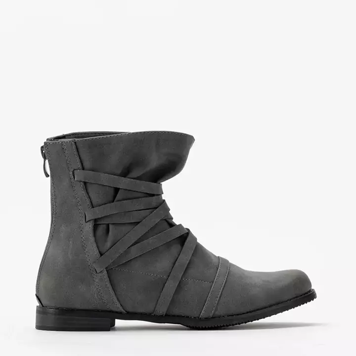 OUTLET Gray women's boots with decorative stripes Ozail- Footwear