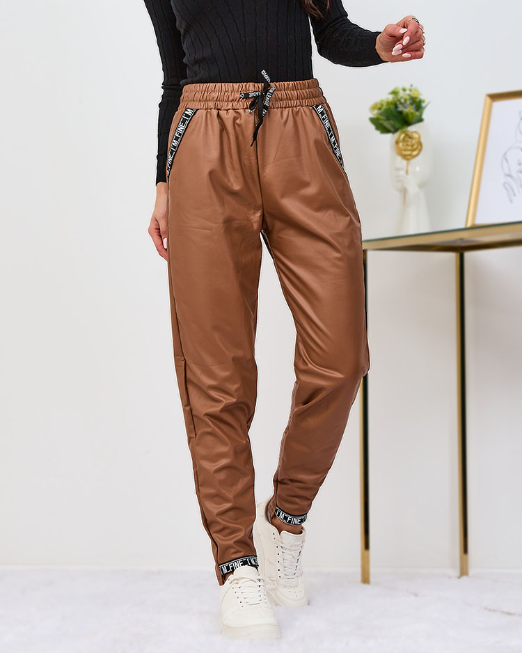 Royalfashion Loose women's eco leather pants in camel color