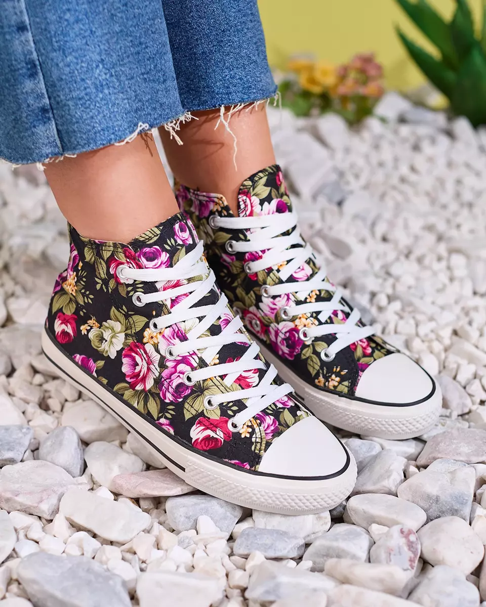 Royalfashion Women's high black sneakers in floral pattern Soxic