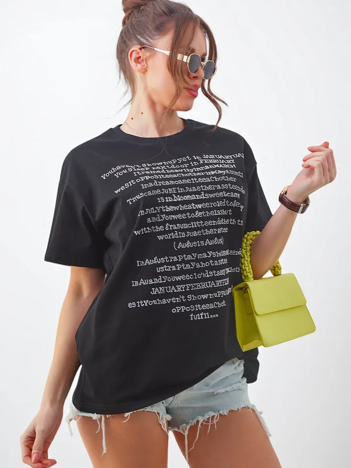 Royalfashion Women's Cotton T-Shirt with Rhinestone Text
