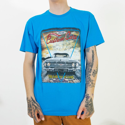 Blue Cotton Men's Car Printed T-Shirt - Clothing