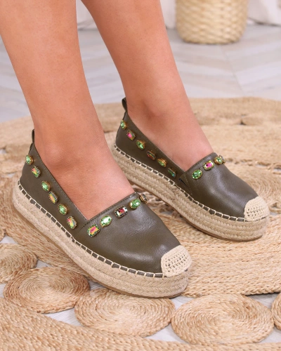 Women's espadrilles with crystals in khaki green - Footwear