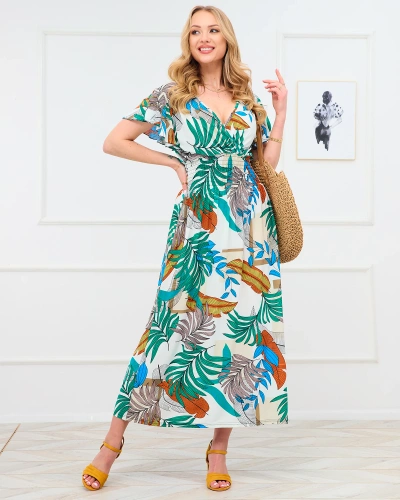 White women's long dress with colorful floral pattern - Clothing