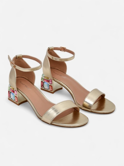 Elektra Aurelia – gold sandals on a block heel with colorful crystals 5.5 cm