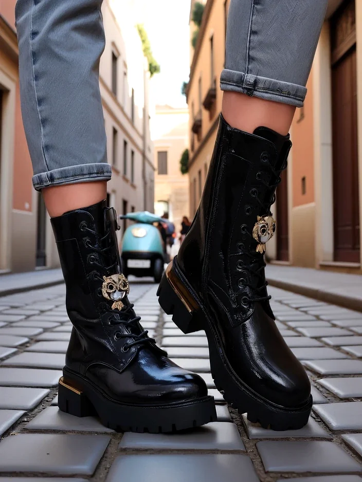 Royalfashion Women's patent leather worker ankle boots Tesiolle