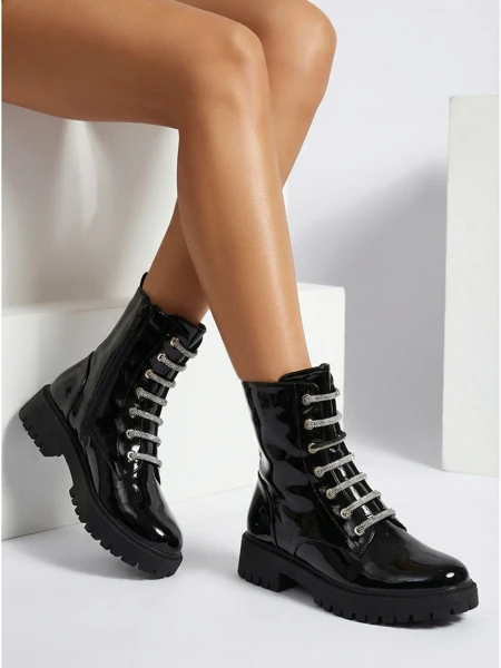Patent Lace-up Women's Ankle Boots Velmini