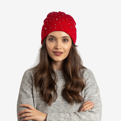 Women's red beanie with stars and cubic zirconia - Accessories