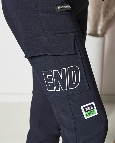 Women's combat pants with inscription in navy blue- Clothing