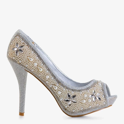 OUTLET Silver women's brocade pumps with cubic zirconia and pearls Gitana - Footwear