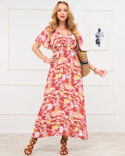 Red women's long dress with fashionable pattern - Clothing