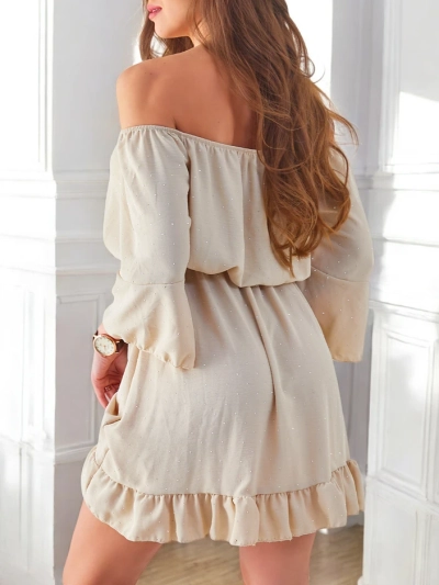 Royalfashion Women's mini dress off-the-shoulder with long sleeves and rhinestones