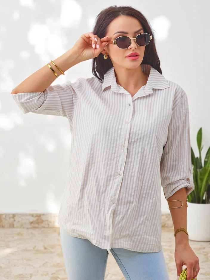 Royalfashion Women's cotton striped shirt with a tie at the bottom