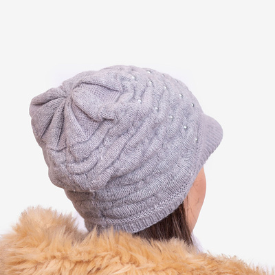 Gray women's warm beanie with pearls - Accessories