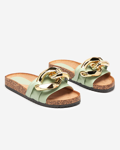 Women's green slippers with decoration at Fixci- Footwear