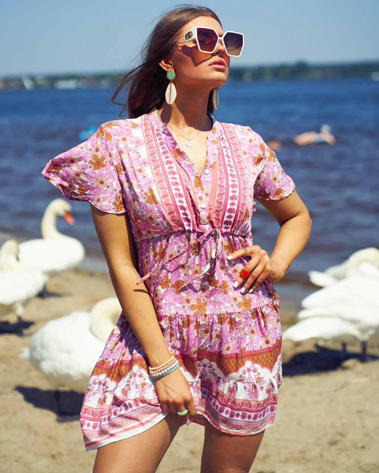 Royalfashion Летнее розовое женское короткое платье