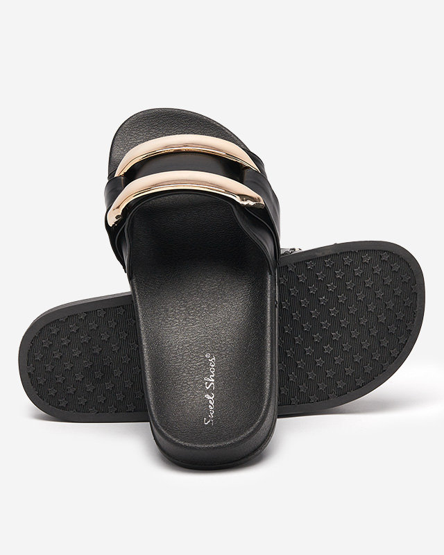 OUTLET Sieviešu melnas čības ar zelta ornamentu Serina - Apavi