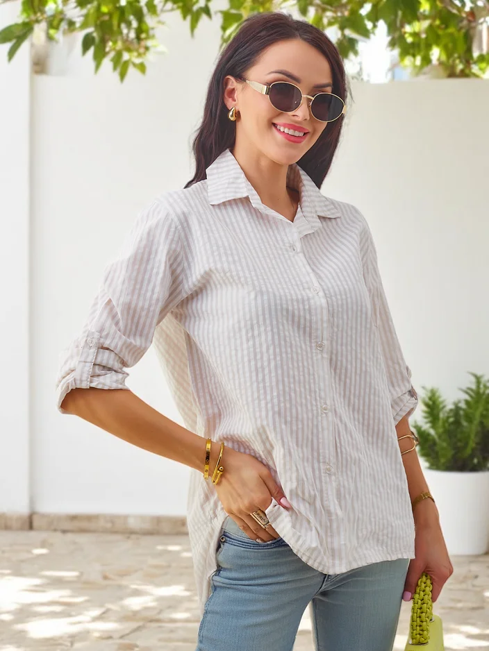 Royalfashion Women's cotton striped shirt with a tie at the bottom