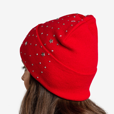 Women's red beanie with stars and cubic zirconia - Accessories