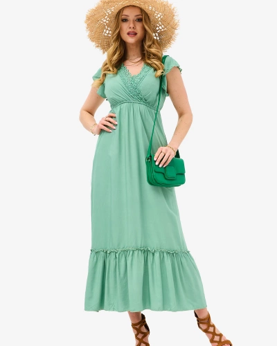 Women's green long dress with lace - Clothing