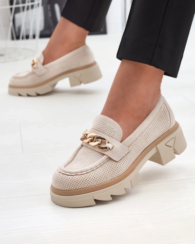 Eco-suede moccasins with gold decoration in cream color Zaffix- Footwear