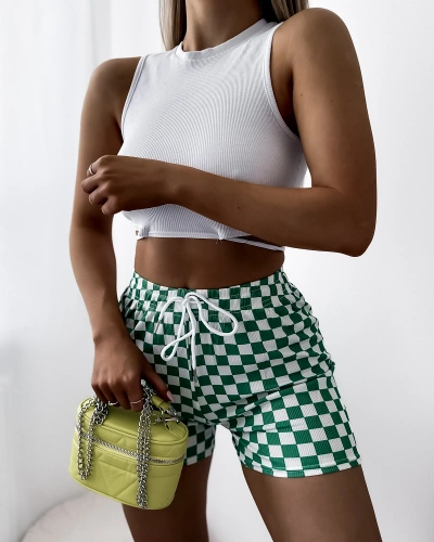 Women's white and green checkered fabric short shorts PLUS SIZE- Clothing