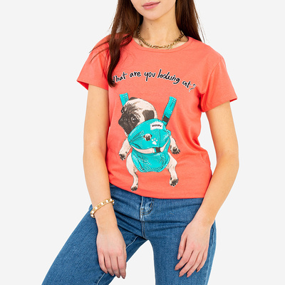 Women's coral t-shirt with colorful print - Clothing