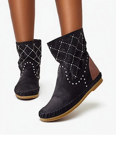 Royalfashion Women's ankle boots with low wedge and studs Indian Style