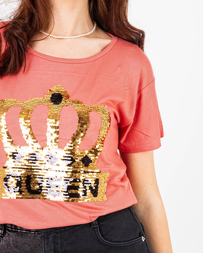 Coral women's t-shirt with crown and sequins - Clothing