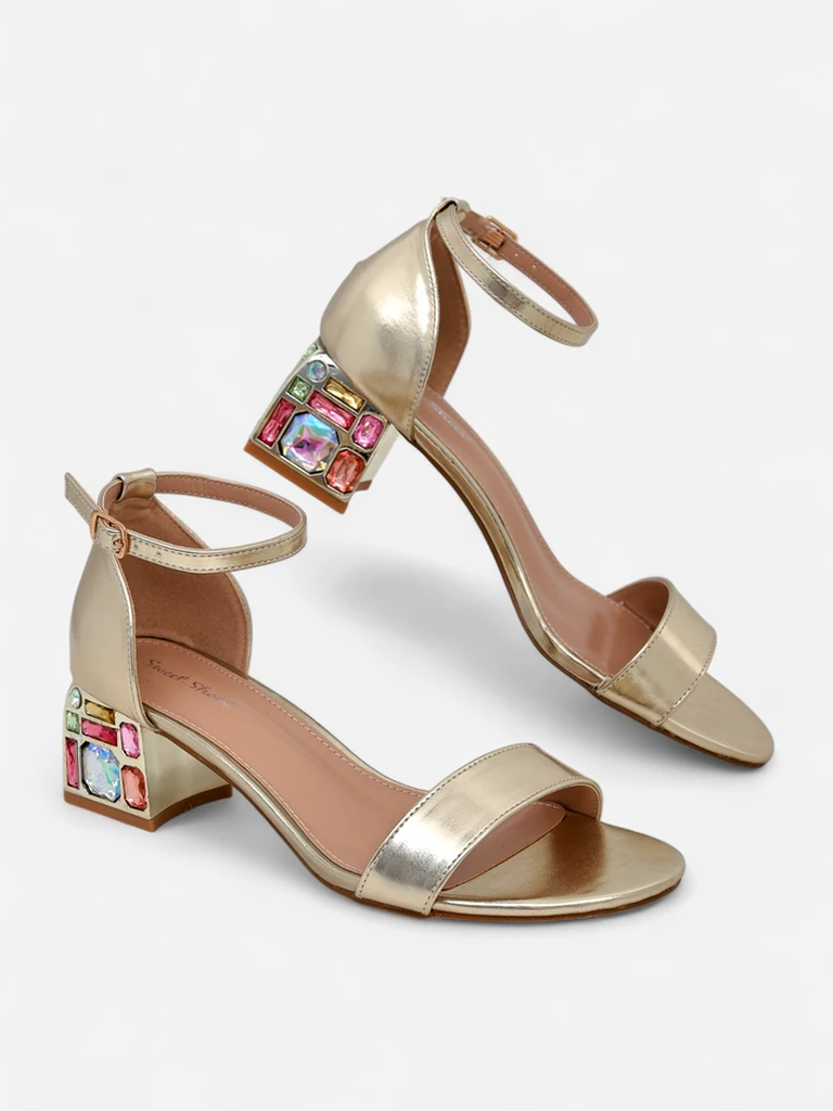 Elektra Aurelia – gold sandals on a block heel with colorful crystals 5.5 cm