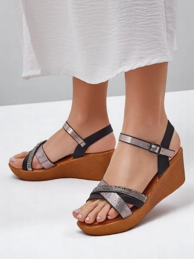 Royalfashion Women's wedge sandals with rhinestones and glitter Glittera