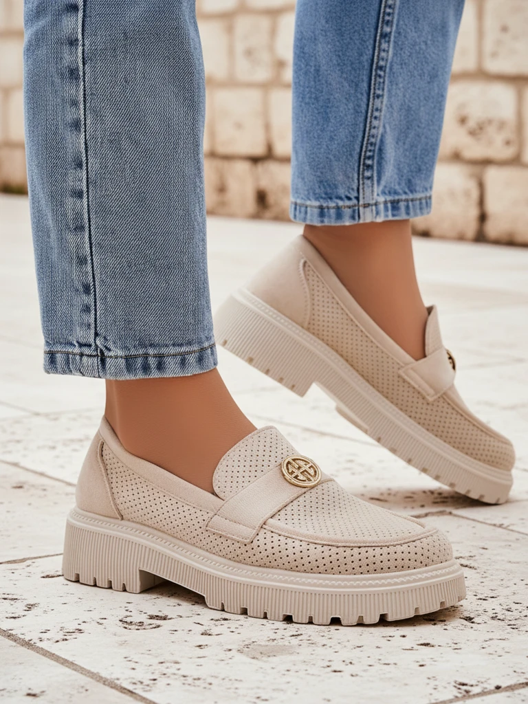 Loafers dámske Callista béžové z eko-semišu na plochej podrážke 4 cm