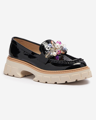 Black lacquered women's moccasins with ornament Leliab- Footwear