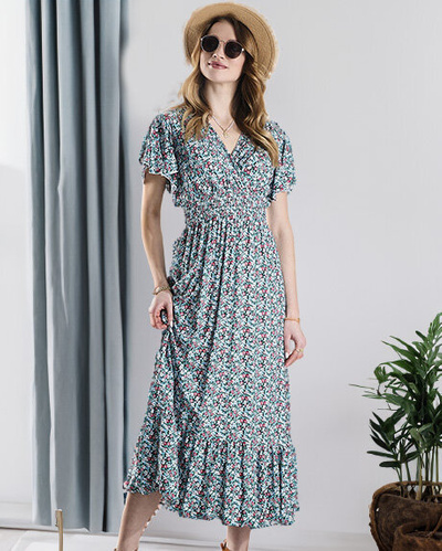 Women's floral midi dress in blue- Clothing