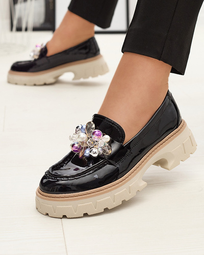 Black lacquered women's moccasins with ornament Leliab- Footwear