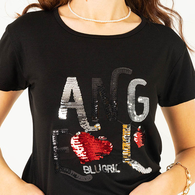 Black ladies t-shirt with sequin text - Clothing