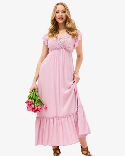 Women's pink long dress with lace - Clothing