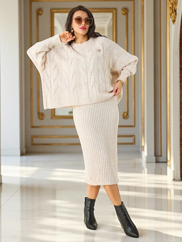 Royalfashion Акриловый оплетенный женский комплект с свитером и юбкой Warm&Fuzzy
