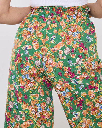 Women's green palazzo pants with orange flowers- Clothing