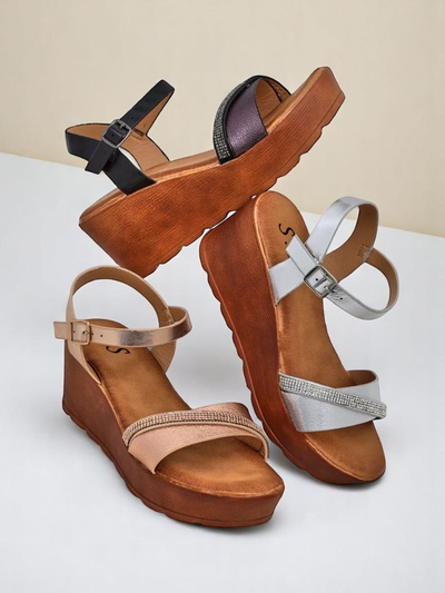 Royalfashion Sieviešu ķīļsandales ar rhinestones un spīdumu Aurora Glow