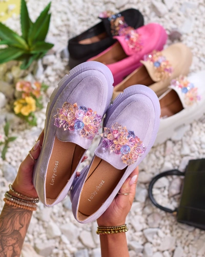 OUTLET Royalfashion Purple women's moccasins with colorful crystals Crystal Glam