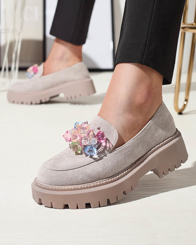 Light gray women's moccasins with colorful beads Hetika - Footwear