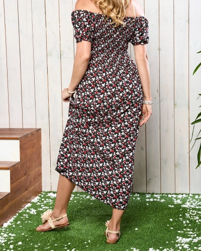 Black women's midi dress with floral pattern - Clothing